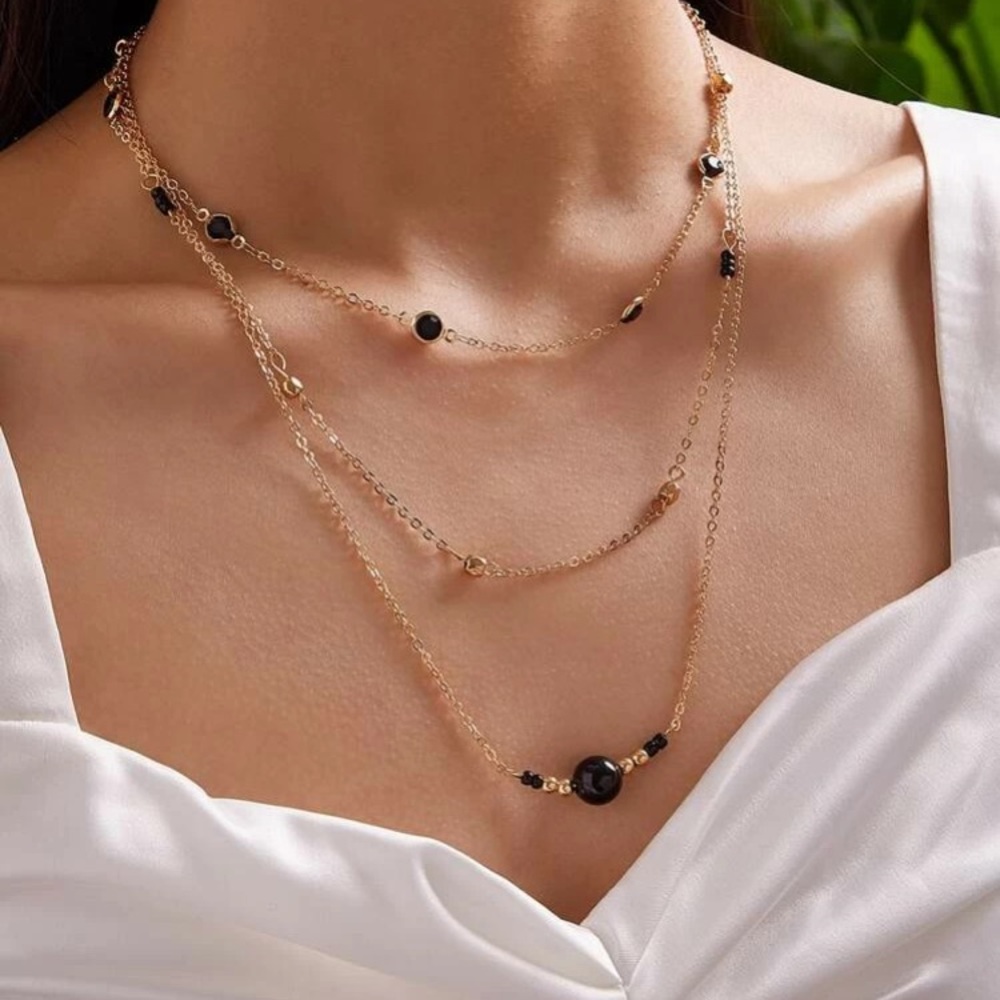Layered Gold Chain Necklace With Black Crystals